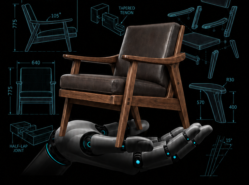 Skillwood — walnut chair with technical blueprints